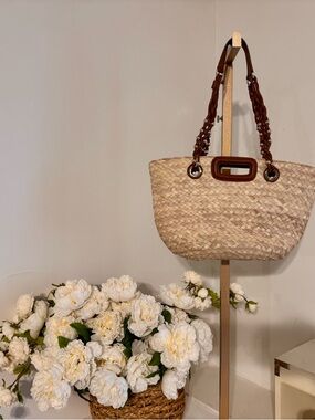 Maje Straw Tote with Brown Leather Braided Handles